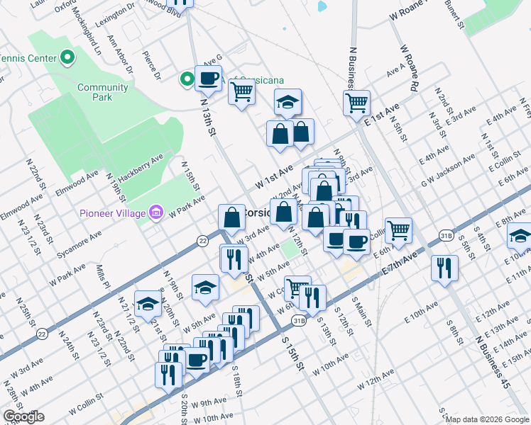 map of restaurants, bars, coffee shops, grocery stores, and more near in Corsicana