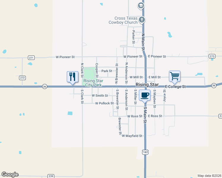 map of restaurants, bars, coffee shops, grocery stores, and more near 405 West College Street in Rising Star
