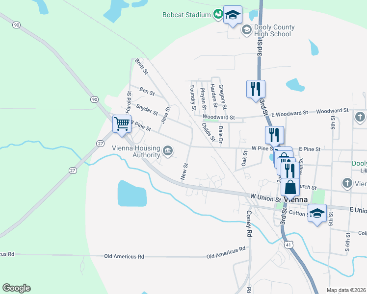 map of restaurants, bars, coffee shops, grocery stores, and more near 605 West Pine Street in Vienna