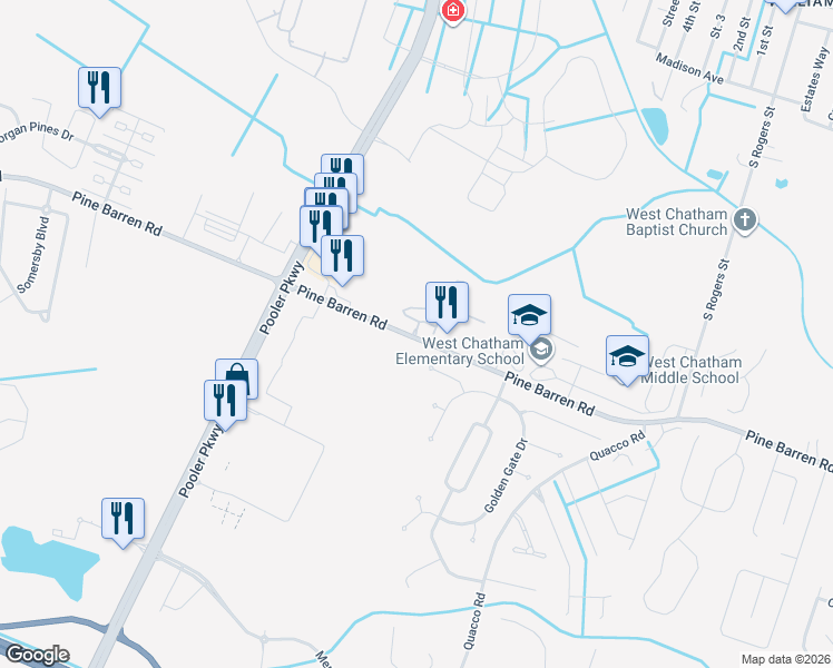 map of restaurants, bars, coffee shops, grocery stores, and more near 101 Oglethorpe Drive in Pooler