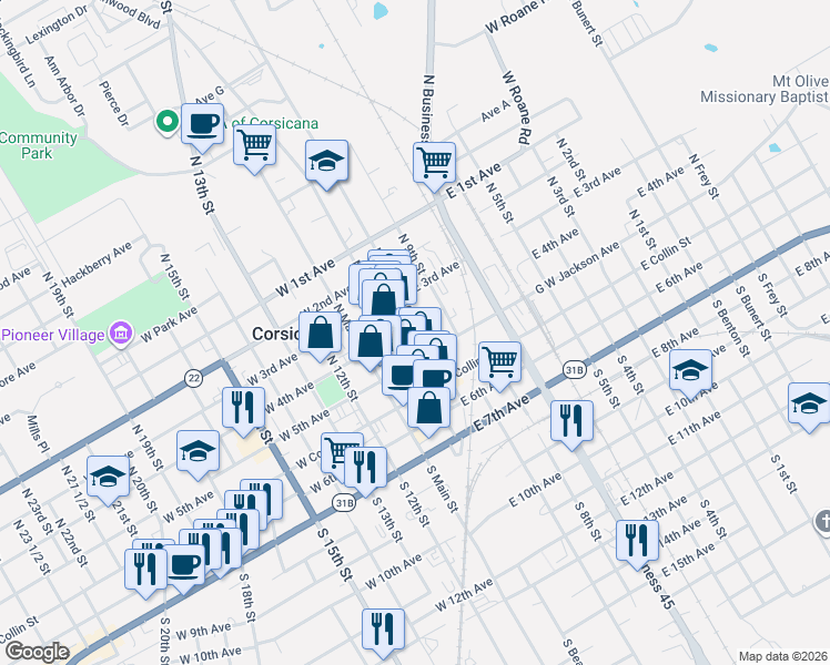 map of restaurants, bars, coffee shops, grocery stores, and more near 222 North Commerce Street in Corsicana