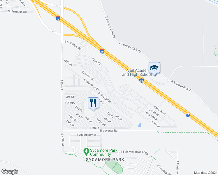 map of restaurants, bars, coffee shops, grocery stores, and more near 7415 East Maritime Drive in Tucson
