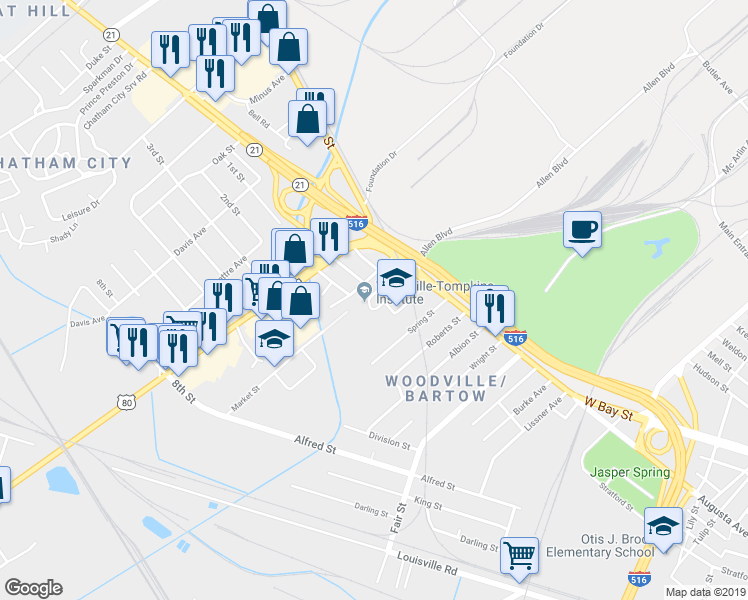 map of restaurants, bars, coffee shops, grocery stores, and more near 151 Coach Joe Turner Street in Savannah