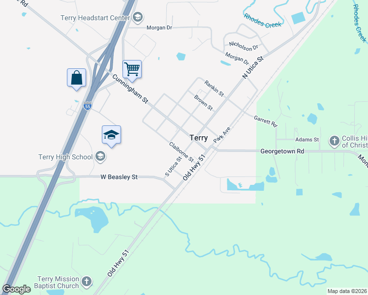 map of restaurants, bars, coffee shops, grocery stores, and more near 117 S Utica St in Terry