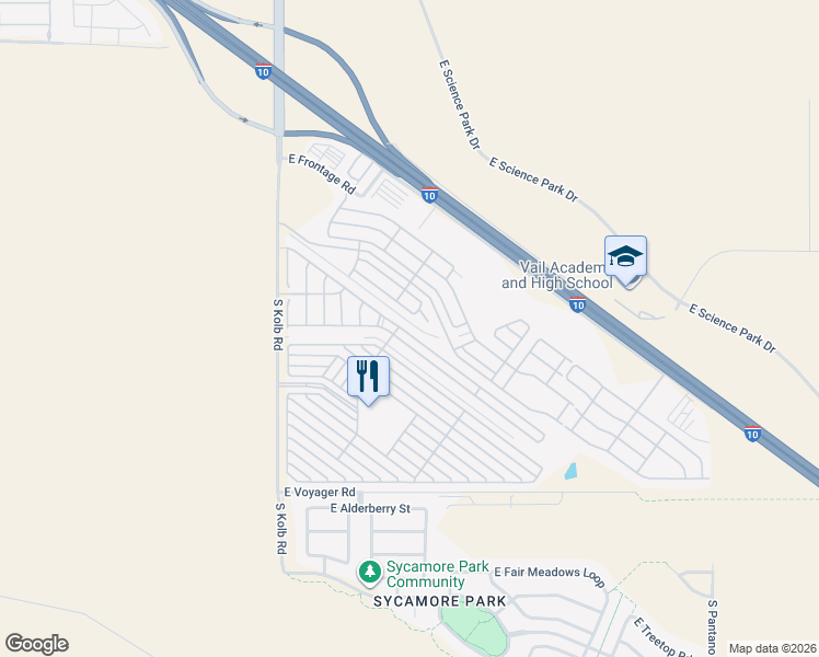 map of restaurants, bars, coffee shops, grocery stores, and more near 8625 South Journey Lane in Tucson