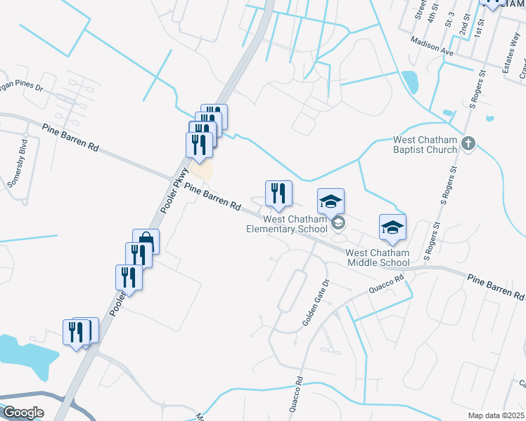 map of restaurants, bars, coffee shops, grocery stores, and more near 101 Oglethorpe Drive in Pooler