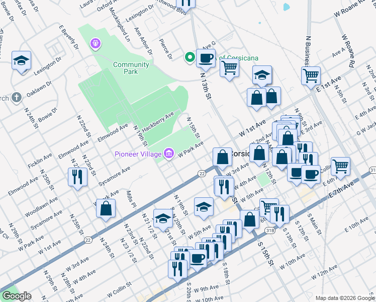 map of restaurants, bars, coffee shops, grocery stores, and more near 707 West Park Avenue in Corsicana