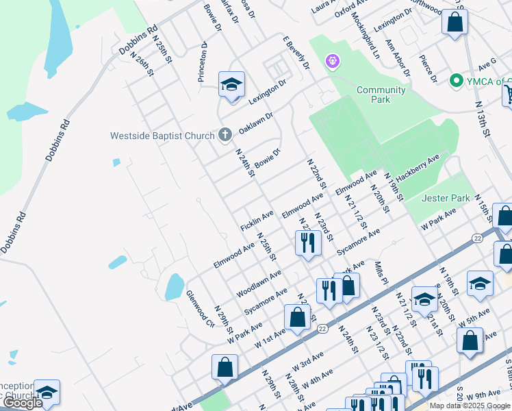 map of restaurants, bars, coffee shops, grocery stores, and more near 1506 Ficklin Avenue in Corsicana