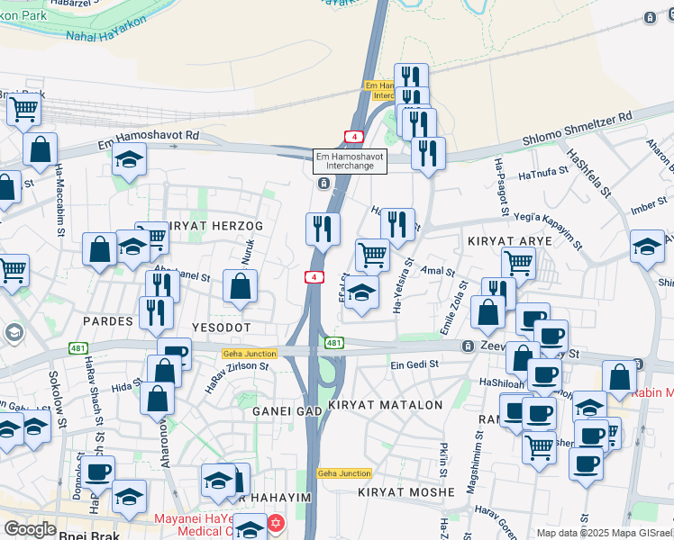 map of restaurants, bars, coffee shops, grocery stores, and more near 25 Ef'al Street in Petah Tikva