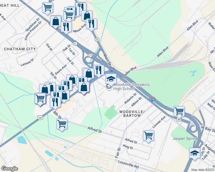 map of restaurants, bars, coffee shops, grocery stores, and more near 151 Coach Joe Turner Street in Savannah