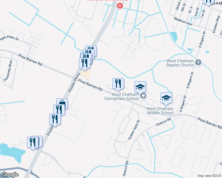 map of restaurants, bars, coffee shops, grocery stores, and more near 101 Oglethorpe Drive in Pooler