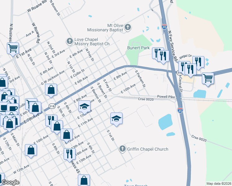 map of restaurants, bars, coffee shops, grocery stores, and more near 1404 East 10th Avenue in Corsicana