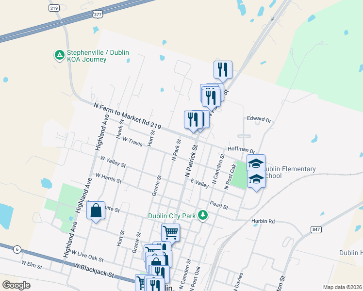 map of restaurants, bars, coffee shops, grocery stores, and more near 729 North Park Street in Dublin