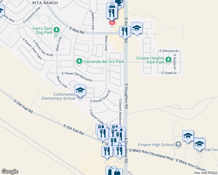 map of restaurants, bars, coffee shops, grocery stores, and more near 8607 South Desert Dove Drive in Tucson