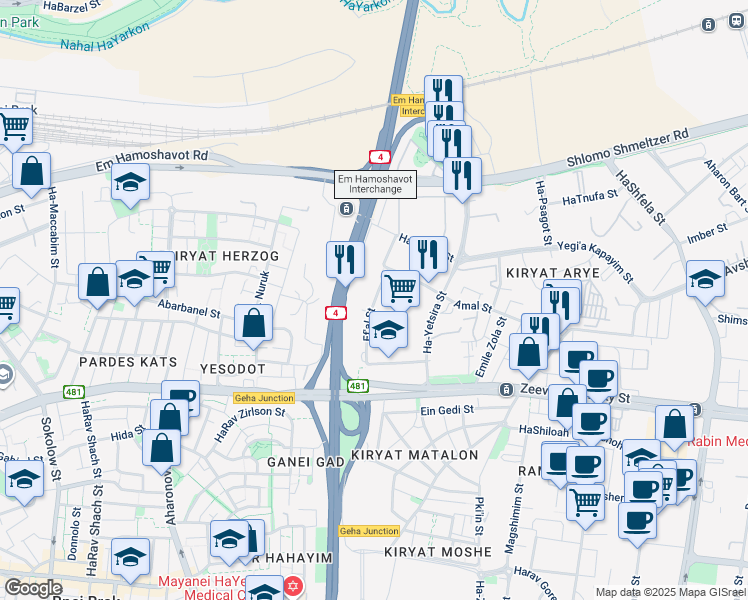 map of restaurants, bars, coffee shops, grocery stores, and more near 25 Ef'al Street in Petah Tikva