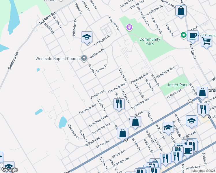 map of restaurants, bars, coffee shops, grocery stores, and more near 1432 Elmwood Avenue in Corsicana