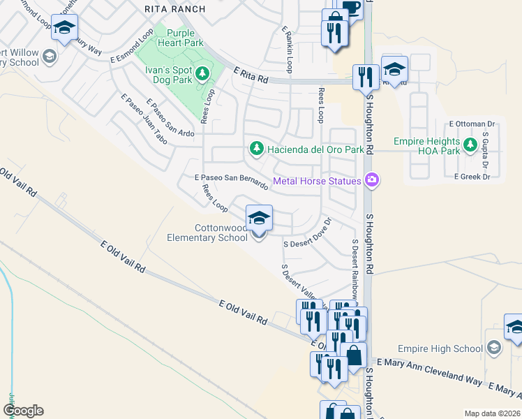 map of restaurants, bars, coffee shops, grocery stores, and more near 9994 East Paseo De La Masada in Tucson