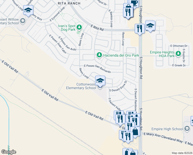 map of restaurants, bars, coffee shops, grocery stores, and more near 9980 East Paseo San Bruno in Tucson