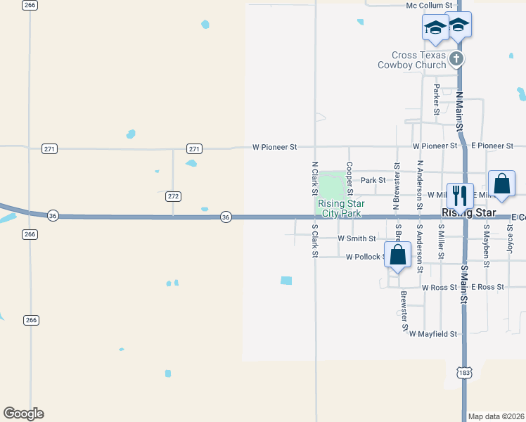 map of restaurants, bars, coffee shops, grocery stores, and more near 912 West College Street in Rising Star