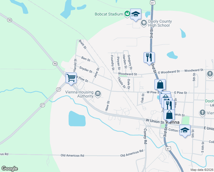 map of restaurants, bars, coffee shops, grocery stores, and more near 605 West Pine Street in Vienna