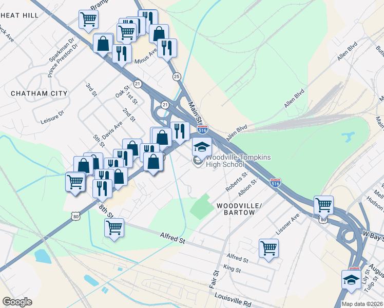map of restaurants, bars, coffee shops, grocery stores, and more near 151 Coach Joe Turner Street in Savannah