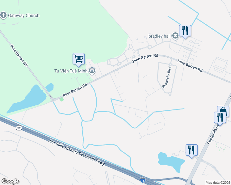 map of restaurants, bars, coffee shops, grocery stores, and more near 1419 Pine Barren Road in Pooler
