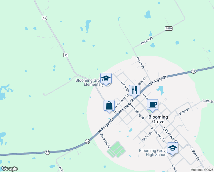 map of restaurants, bars, coffee shops, grocery stores, and more near 615 North Fordyce Street in Blooming Grove