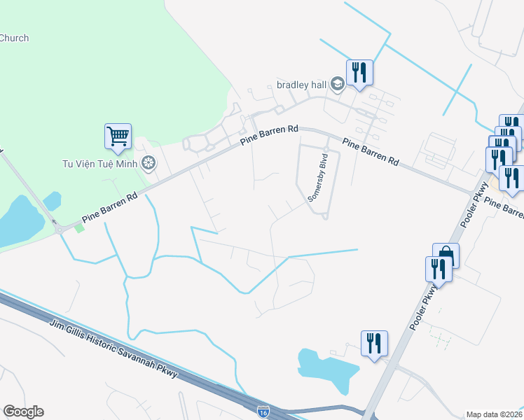 map of restaurants, bars, coffee shops, grocery stores, and more near 14 Rolling Springs Lane in Pooler