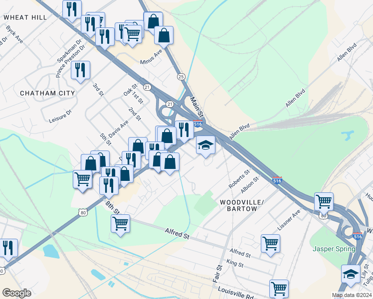 map of restaurants, bars, coffee shops, grocery stores, and more near 3520 Haslam Avenue in Savannah