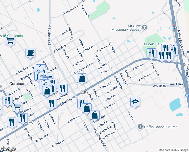 map of restaurants, bars, coffee shops, grocery stores, and more near 903 East Collin Street in Corsicana