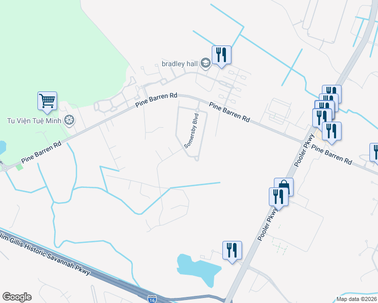 map of restaurants, bars, coffee shops, grocery stores, and more near 139 Somersby Boulevard in Pooler