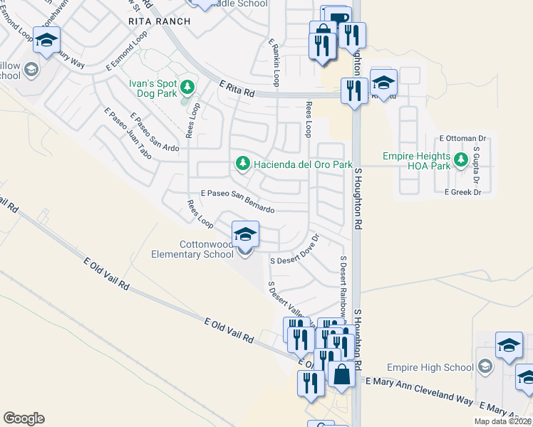 map of restaurants, bars, coffee shops, grocery stores, and more near 10050 East Paseo San Bernardo in Tucson