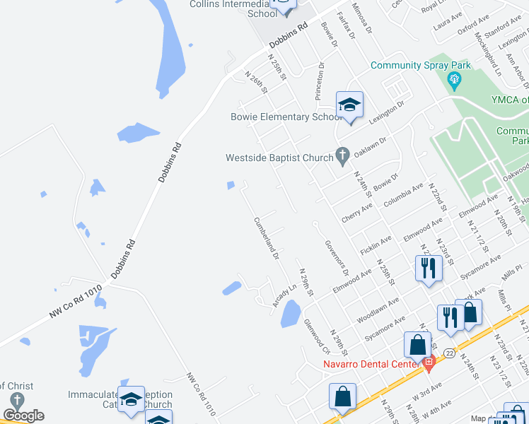 map of restaurants, bars, coffee shops, grocery stores, and more near 2012 Cumberland Circle in Corsicana