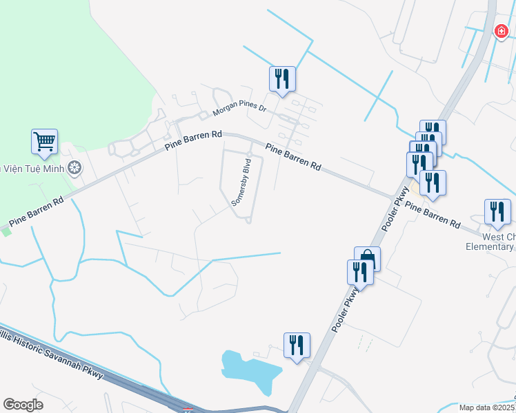 map of restaurants, bars, coffee shops, grocery stores, and more near 143 Pine View Crossing in Pooler