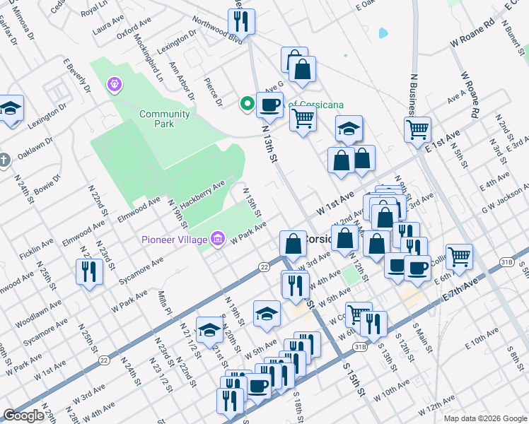 map of restaurants, bars, coffee shops, grocery stores, and more near 710 North 14th Street in Corsicana