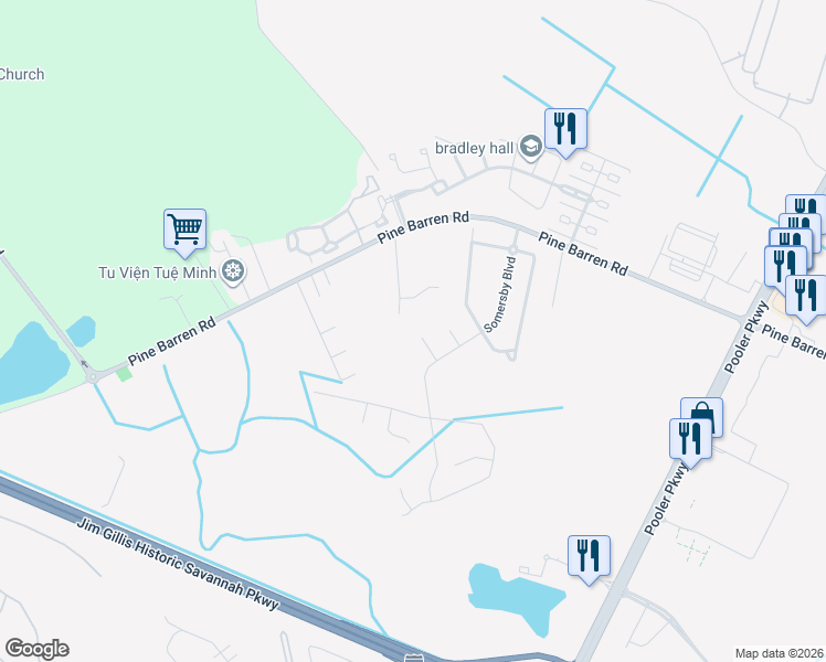 map of restaurants, bars, coffee shops, grocery stores, and more near 13 Rolling Springs Lane in Pooler