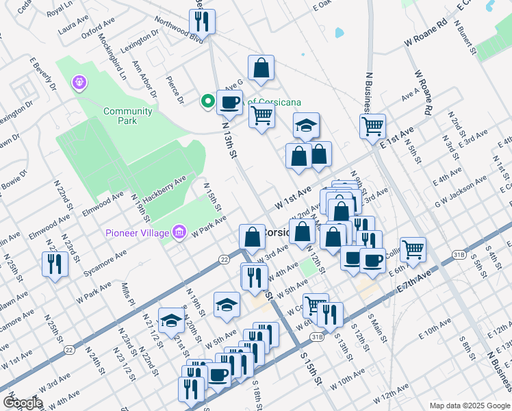 map of restaurants, bars, coffee shops, grocery stores, and more near 622 North 13th Street in Corsicana