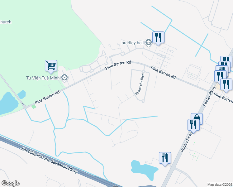 map of restaurants, bars, coffee shops, grocery stores, and more near 14 Rolling Springs Lane in Pooler