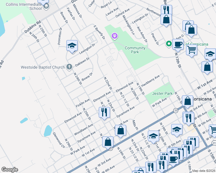 map of restaurants, bars, coffee shops, grocery stores, and more near 1309 Ficklin Avenue in Corsicana