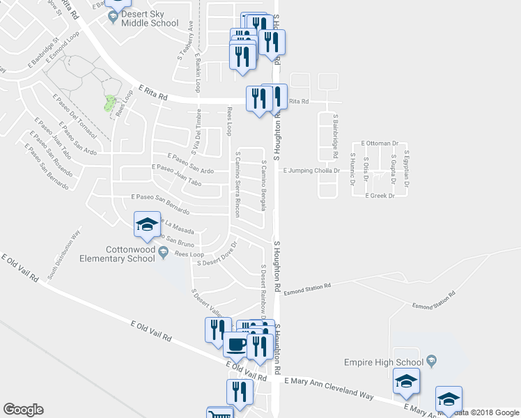 map of restaurants, bars, coffee shops, grocery stores, and more near 10261 East Calle Cadiz in Tucson