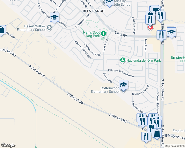 map of restaurants, bars, coffee shops, grocery stores, and more near 9716 East Paseo San Bernardo in Tucson