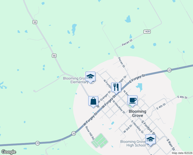 map of restaurants, bars, coffee shops, grocery stores, and more near 615 North Fordyce Street in Blooming Grove