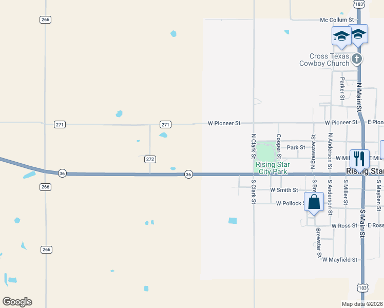 map of restaurants, bars, coffee shops, grocery stores, and more near 912 West College Highway 36 West in Rising Star