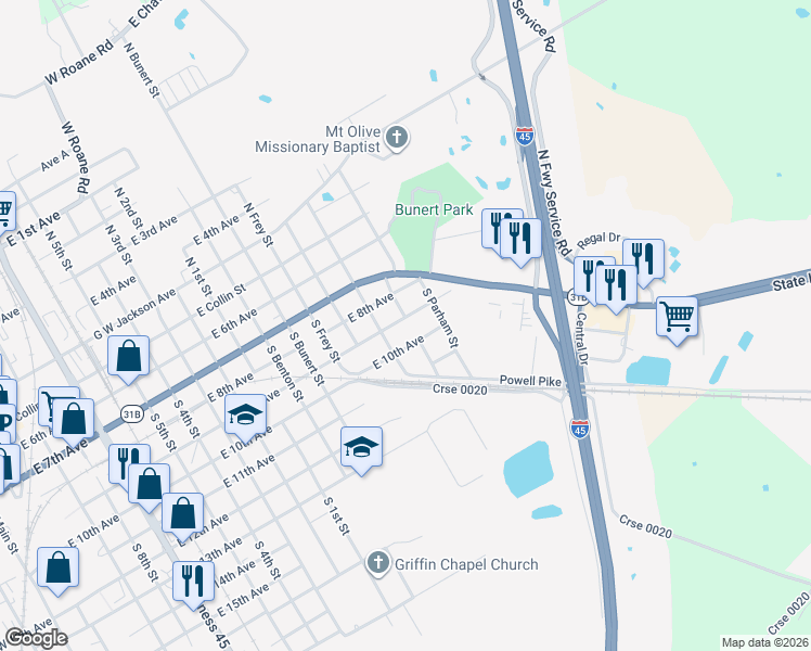 map of restaurants, bars, coffee shops, grocery stores, and more near 1610 East 10th Avenue in Corsicana