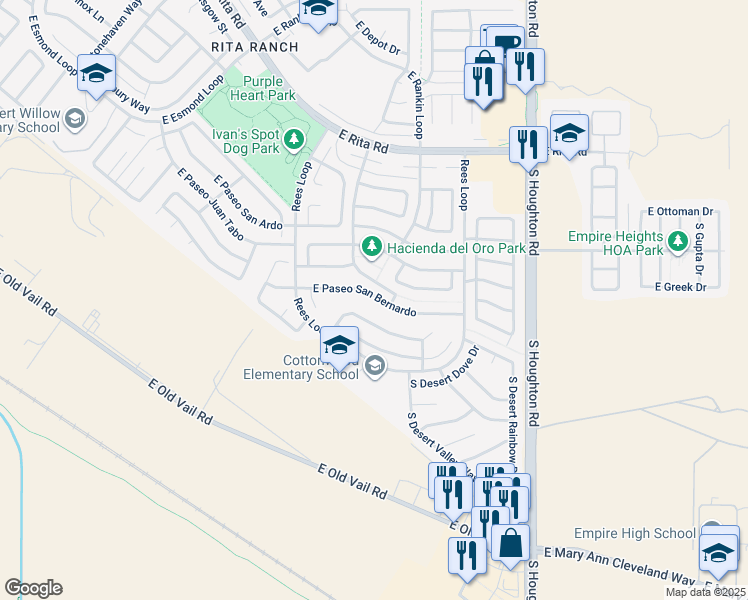 map of restaurants, bars, coffee shops, grocery stores, and more near 9992 E Paseo San Bernardo in Tucson