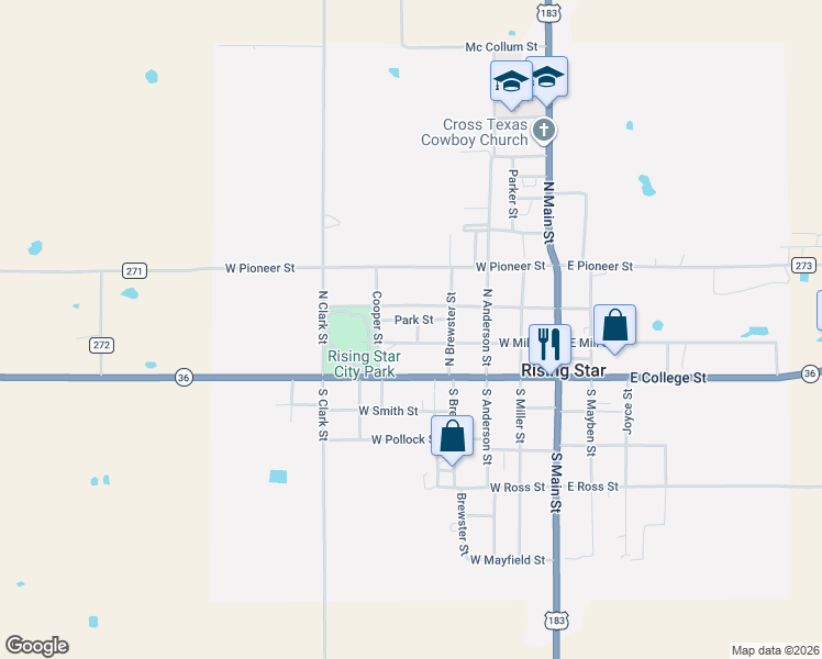 map of restaurants, bars, coffee shops, grocery stores, and more near 504 West College Street in Rising Star