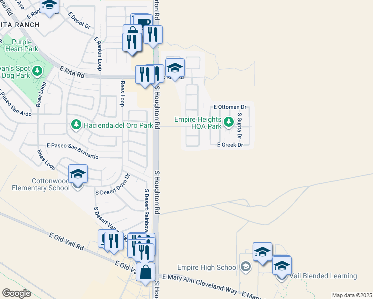 map of restaurants, bars, coffee shops, grocery stores, and more near 10422 East Jerrell Cove Street in Tucson
