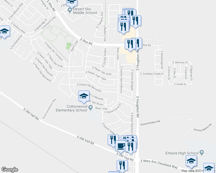 map of restaurants, bars, coffee shops, grocery stores, and more near 10094 East Paseo San Rosendo in Tucson
