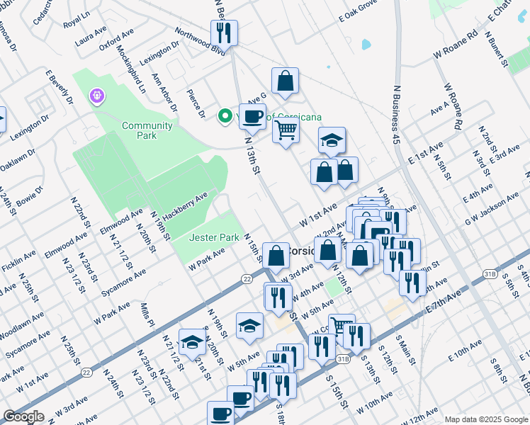 map of restaurants, bars, coffee shops, grocery stores, and more near 622 North 13th Street in Corsicana