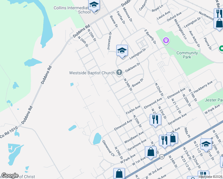 map of restaurants, bars, coffee shops, grocery stores, and more near 1704 Arlington Circle in Corsicana